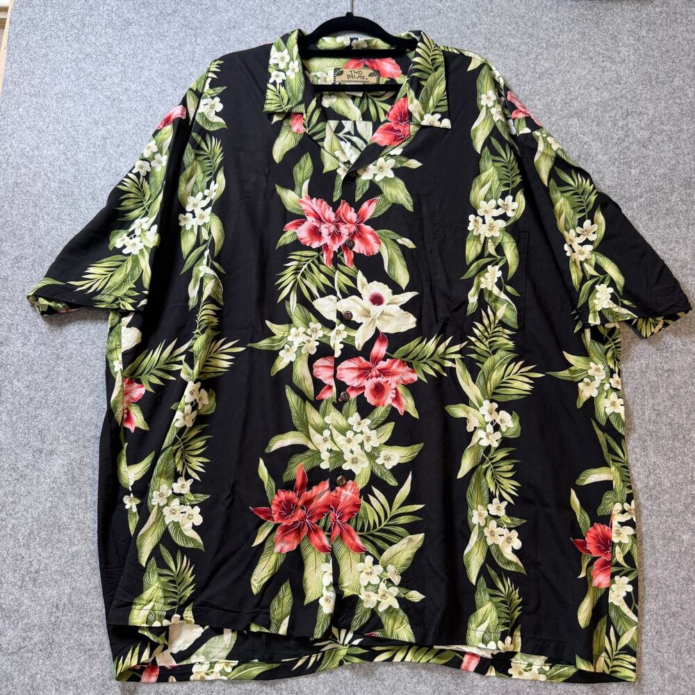 Two Palms Hawaiian Aloha Shirt Men's 3XL Black Floral 100% Rayon Made Hawaii